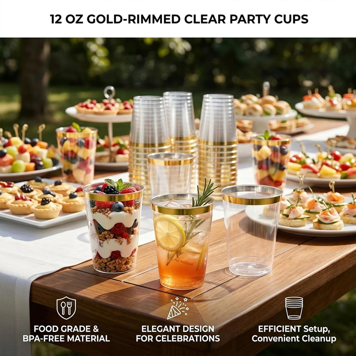 Byvivace 12oz Clear Plastic Cups with Gold Rimmed Sturdy & Food Safe Disposable Wine Glasses Wedding Cups Party Cups Plastic Cocktail Glasses for Wine, Juice, Cocktails and Cold Beverages [25 Pack]