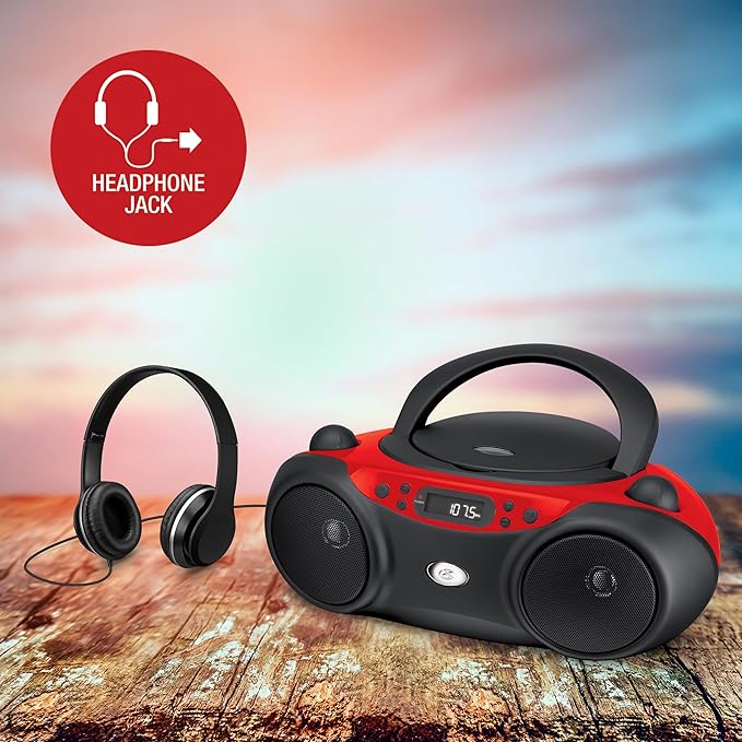 GPX BC232R Portable Top-Loading CD Boombox with AMFM Radio and 3.5mm Line in for MP3 Device - RedBlack