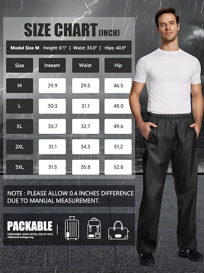 Men's Rain Pants, Waterproof Lightweight Outdoor Trousers for Hiking Fishing Windproof Rain Over Pants