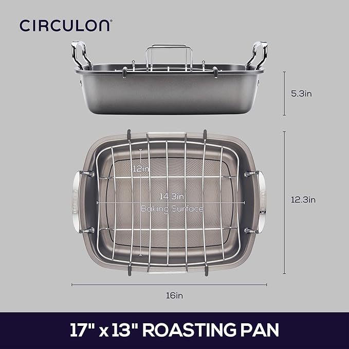 Circulon Nonstick Roasting Pan / Roaster with Rack - 17 Inch x 13 Inch, Gray