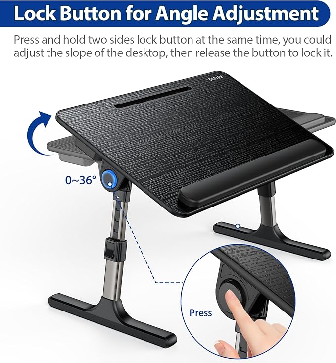 Besign LT07 Lap Desk Extra Large, Adjustable Laptop Table, Portable Standing Bed Desk, Foldable Sofa Breakfast Tray, Notebook Computer Stand for Reading and Writing (Black)