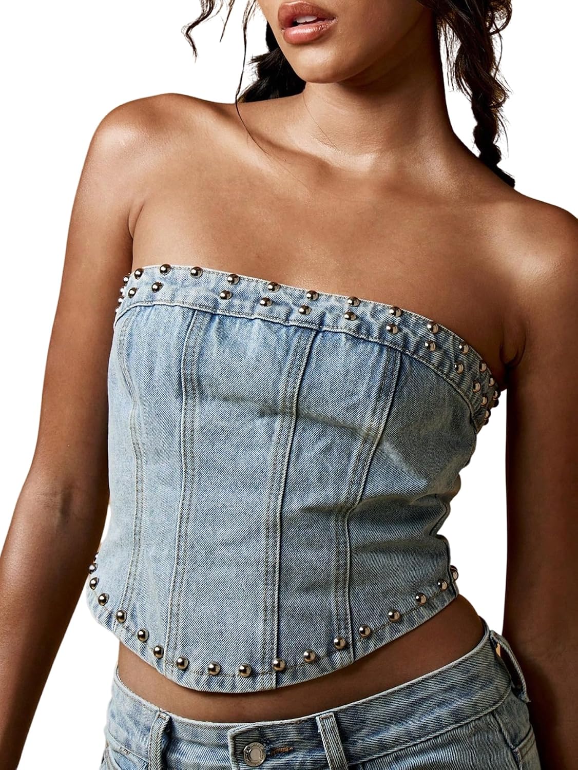 Women's Studded Denim Tube Top Lace Up Strapless Summer Y2K Bandeau Shirt