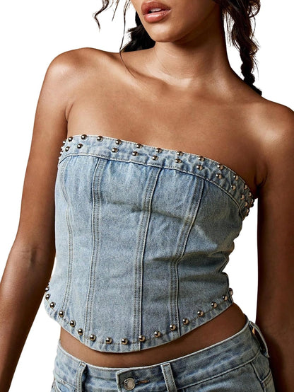 Women's Studded Denim Tube Top Lace Up Strapless Summer Y2K Bandeau Shirt