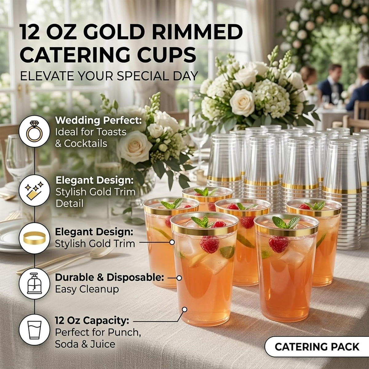 Byvivace 12oz Clear Plastic Cups with Gold Rimmed Sturdy & Food Safe Disposable Wine Glasses Wedding Cups Party Cups Plastic Cocktail Glasses for Wine, Juice, Cocktails and Cold Beverages [25 Pack]