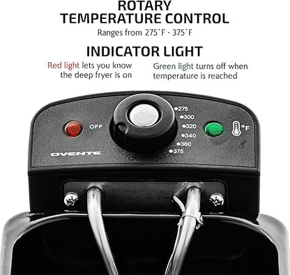 OVENTE Electric Deep Fryer 2 Liter Capacity, 1500 Watt Lid with Viewing Window and Odor Filter, Adjustable Temperature, Removable Frying Basket and Easy to Clean Stainless Steel Body, Silver FDM2201BR
