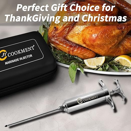 Meat Injector Syringe 2-oz Marinade Flavor Barrel 304 Stainless Steel with 3 Marinade Needles, Travel Case for BBQ Grill Smoker, Turkey, Brisket, Paper Instruction and E-book Included by JY COOKMENT