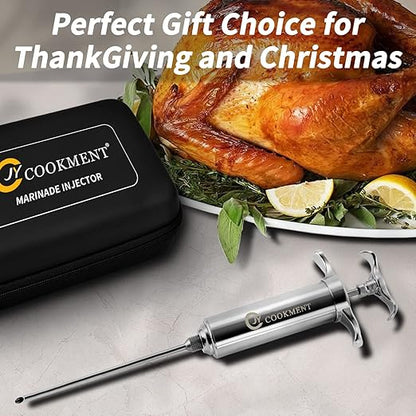 Meat Injector Syringe 2-oz Marinade Flavor Barrel 304 Stainless Steel with 3 Marinade Needles, Travel Case for BBQ Grill Smoker, Turkey, Brisket, Paper Instruction and E-book Included by JY COOKMENT