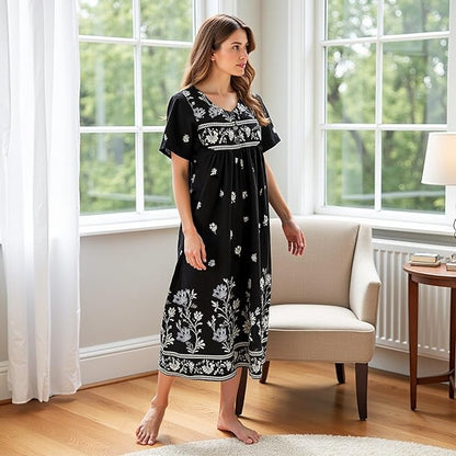 Loungees Short Sleeve Black Monotone Lounger House Dress Caftan - 3 Button Bib Yoke and Pockets