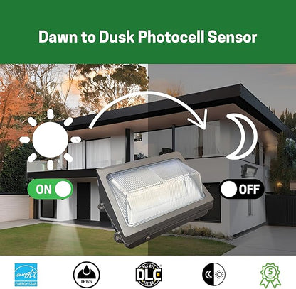 80W Non Cut Off LED Wall Pack with Emergency Battery BackupPhotocell, RoHs Compliant UL and DLC Certified LED Wall Packs Commercial, 5 Year Warranty CCT and wattage tunable