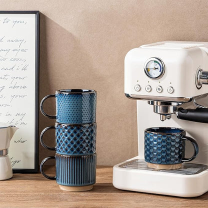 GBhome 6 OZ Stackable Coffee Mugs Set of 4, Ceramic Coffee Cups Set | 4 Assorted Designs, Embossed Mugs with Texture Patterns for Espresso/Tea, Dishwasher&Microwave Safe, Deep Sea