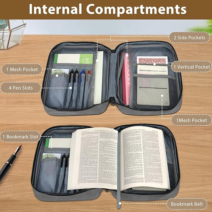 Bible Cover with Durable Handle, Carrying Book Case Church Bag Bible, Protective with Zippered Pocket, Bible Study Accessories Supplies, Book Protector for Book Lovers, GreyBlack