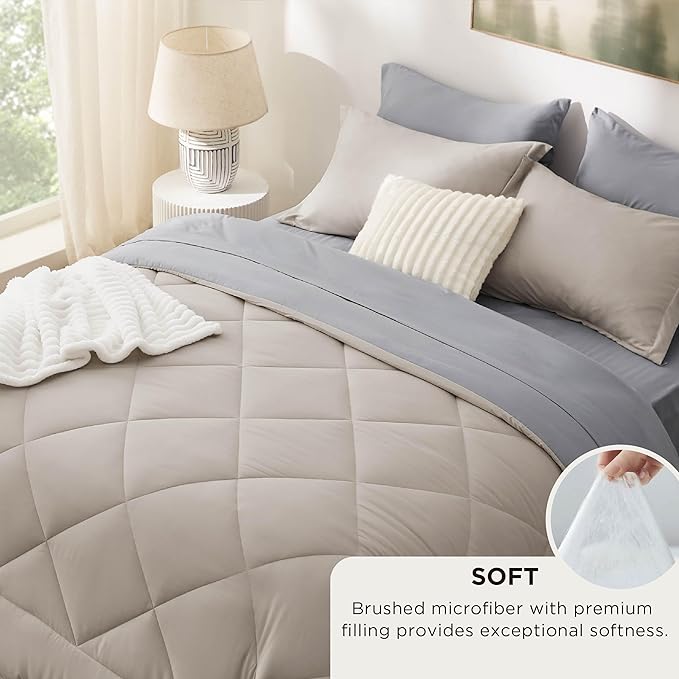 Bedsure King Size Comforter Set - 7 Pieces Reversible Beige Bedding, King Size Bed Set for All Seasons, Bed in a Bag with Down Alternative Comforter, Sheets, Pillowcases  Shams