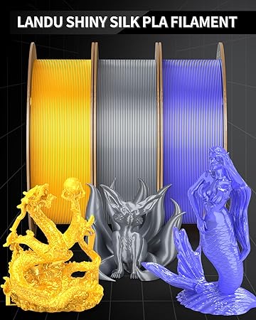 LANDU Silk PLA Filament 1.75mm Silver 1KG, 3D Printer Filament Dimensional Accuracy - 0.02mm, 1kg Cardboard Spool(2.2lbs), Neatly Wound 3D Printing Filament Fits for Most FDM 3D Printers, Silver