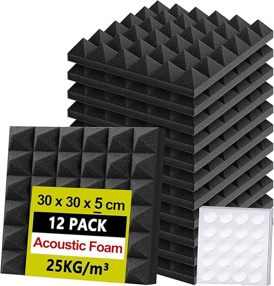 Foneso Acoustic Foam Panels 12'' x 12'' x 2'', Sound Insulation Wall, Black Acoustic Foam Mats for Sound Studio, Podcast Recording, TV Room, Playrooms and Offices