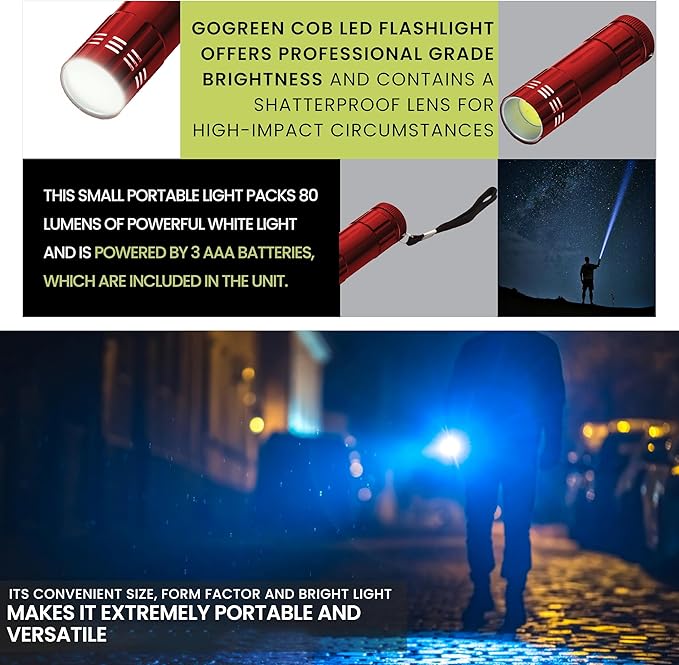 GoGreen Power GG-113-COBRD - COB LED Flashlight with batteries, Red