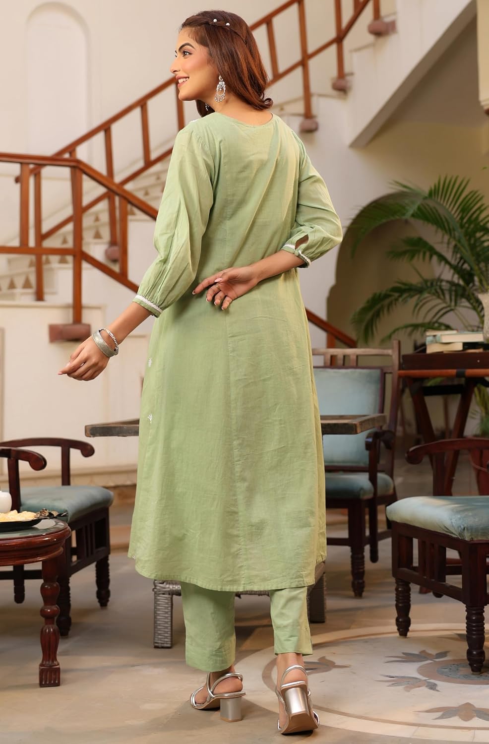 Indian Women's Cotton Green Embroidered Casual Wear Kurta Set for Women