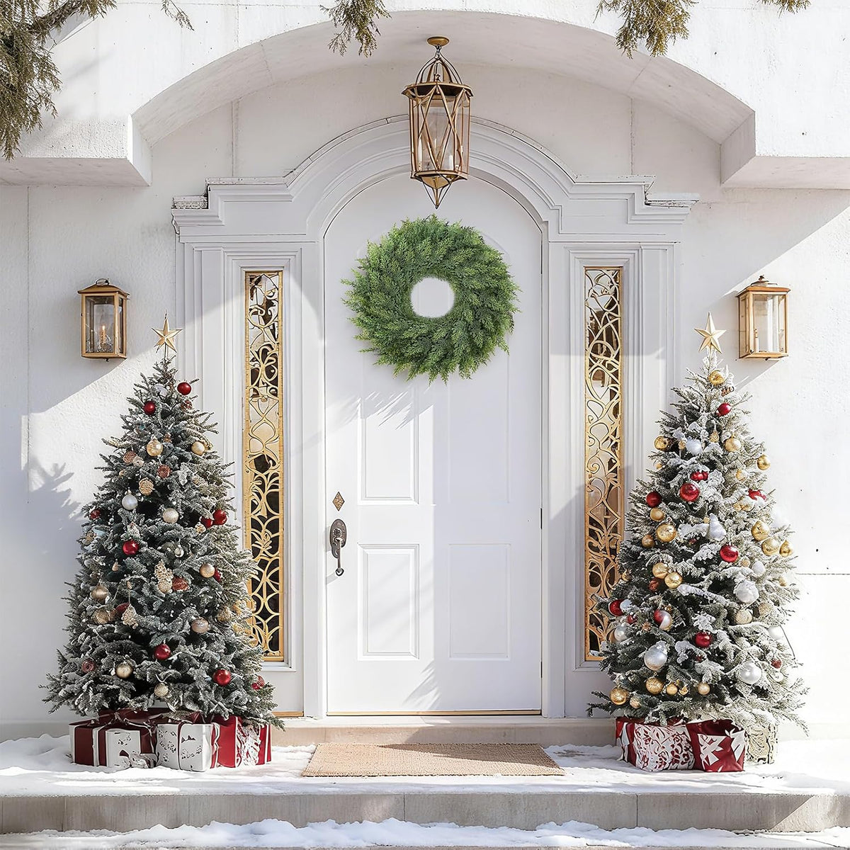 Small Greenery Cedar Wreath - 18" Artificial Real Touch Wreath for Front Door Windows Outdoor Indoor Decor Weatherproof Traditional Holiday Decorations