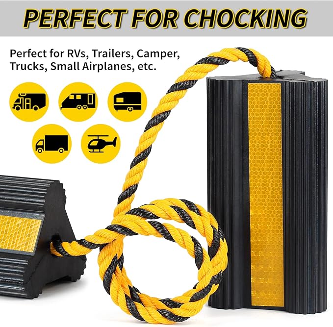 Heavy Duty Rubber Wheel Chocks, 1 Pair, Non-Slip Tire Stopper Blocks with Rope, for RV Camper Travel Trailers Motorhome Aircraft Car Truck