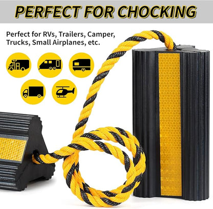 Heavy Duty Rubber Wheel Chocks, 1 Pair, Non-Slip Tire Stopper Blocks with Rope, for RV Camper Travel Trailers Motorhome Aircraft Car Truck