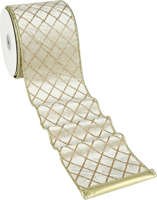 MAYREEL 4 Inch Ivory and Gold Velvet Wired Ribbon Metallic Diamond Glitter Grid for Christmas Gift Wrapping Floral Craft Bows Wreaths Garland Wedding Holiday Decor 10 Yards