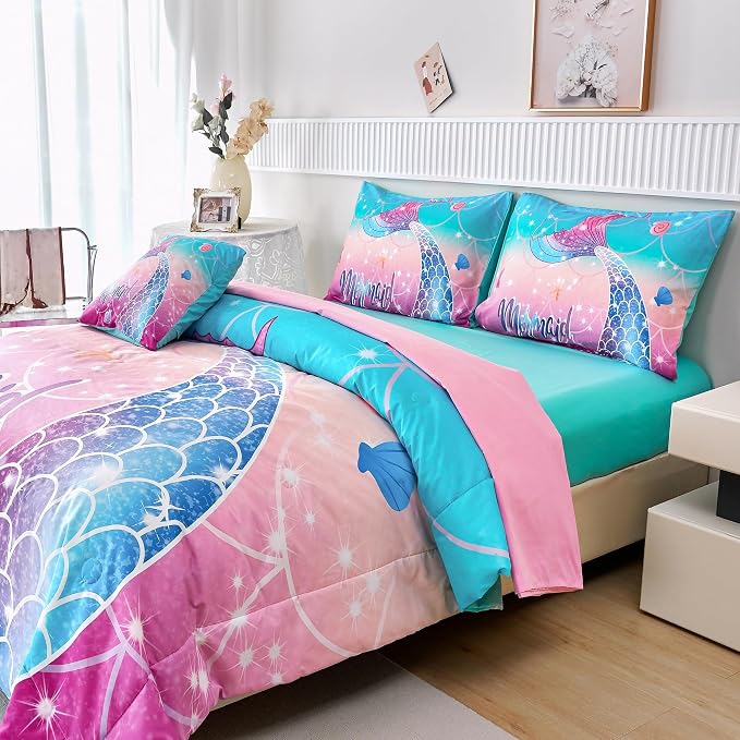 Kids Girls Comforter Set 6Pcs, Mermaid Bed in a Bag Queen Size, Fish Tail Print Teens Girls Bedding Set, Rainbow Bedding Collections