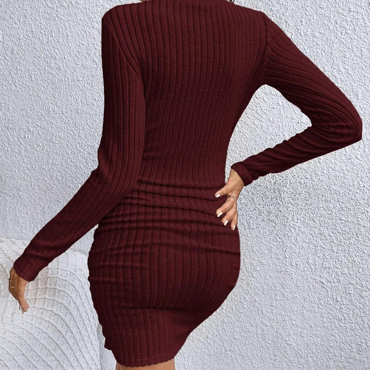 Small Size Women's Burgundy V Neck Grain Fabric Bodycon Dress - Frenchy Solid Evening Dress.