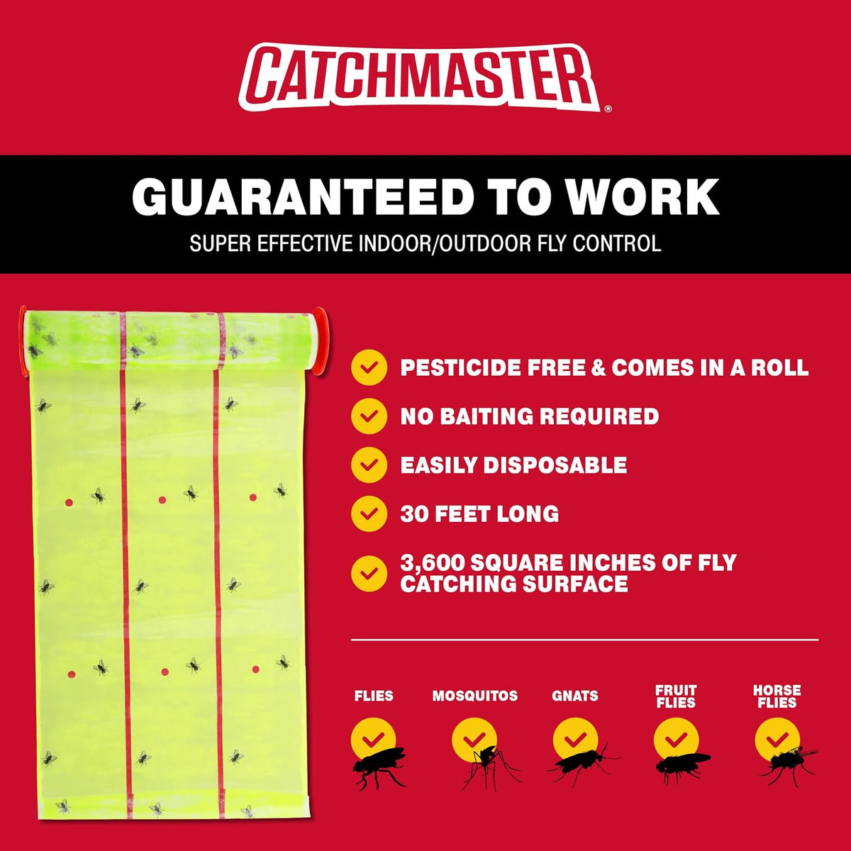 Catchmaster Giant Fly Glue Trap 1-Pack 30 Feet Each, Adhesive Fly Traps Outdoor, Sticky Bug Catcher, Bulk Flying Insect Paper Roll, Pest Control for Garage, Barn, Greenhouse & Garbage Room