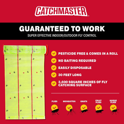 Catchmaster Giant Fly Glue Trap 1-Pack 30 Feet Each, Adhesive Fly Traps Outdoor, Sticky Bug Catcher, Bulk Flying Insect Paper Roll, Pest Control for Garage, Barn, Greenhouse & Garbage Room