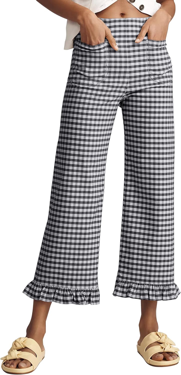 Women's Plaid Flare Pants Summer Casual Gingham Elastic Waist Ruffle Cropped Hem Y2K Loose Fit Trousers with Pockets
