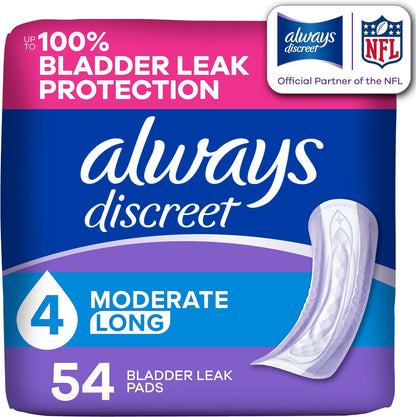 Always Discreet Adult Incontinence Pads for Women, Drier, 4 Drop Long Length, Moderate Absorbency, Pads for Bladder Control Management, Bladder Leaks, & Postpartum Pads, 54ct