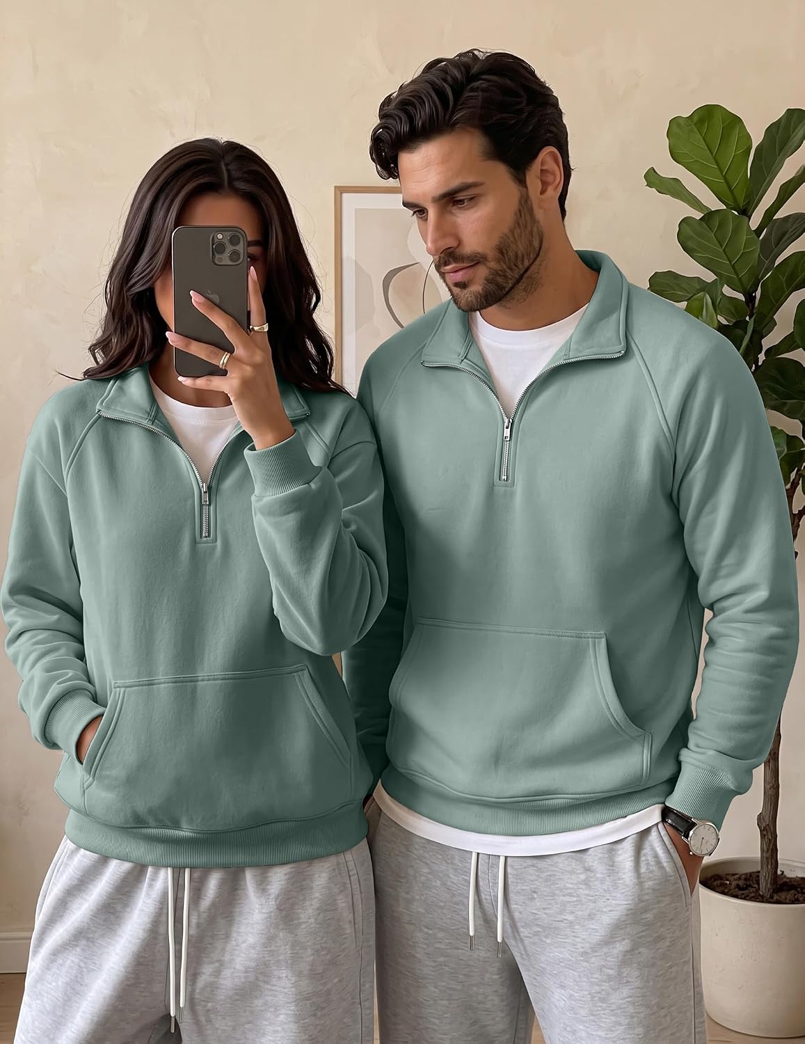 JMIERR Men's Fleece Quarter Zip Pullover Sweater Casual Cotton Fall Winter Family Outfit Warm Mock Neck with Pockets
