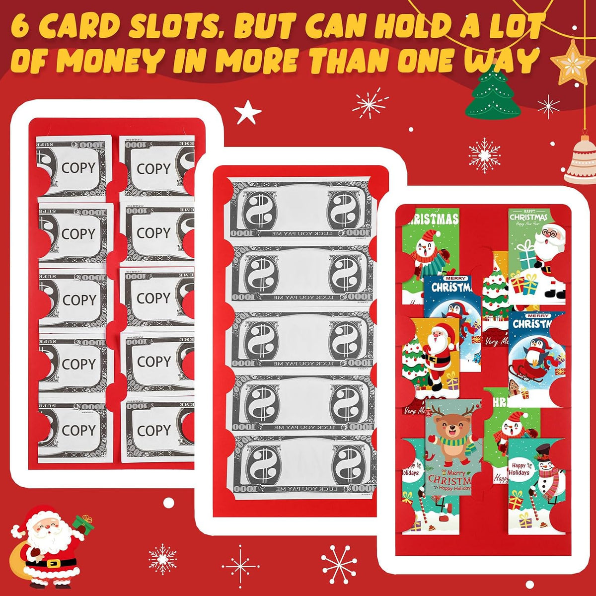 Humyoun Jumbo 14" x 8" Christmas Money Cash Holder with Envelopes, Classic 6 Money Slots for Cash Gifts, Santa Festive Theme Red Cover, Holiday Present Money Holder for Family Friends Xmas Parties