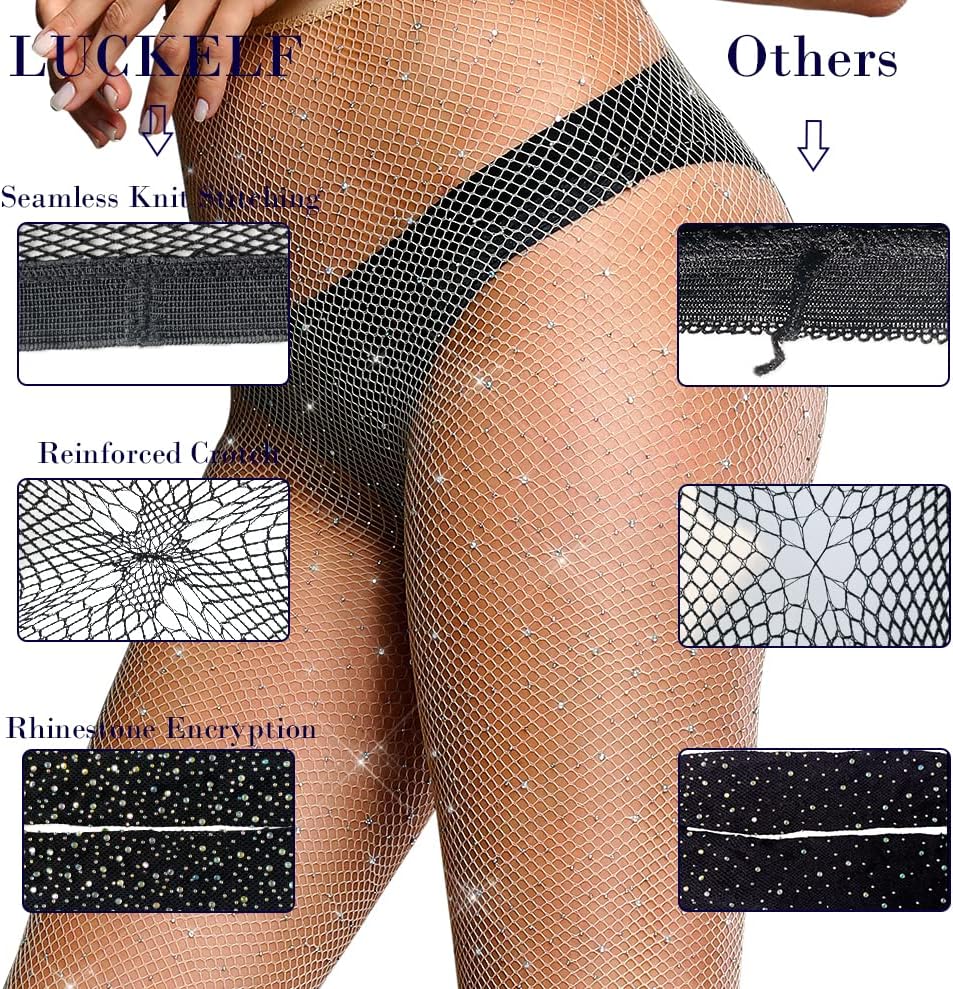 LUCKELF Sexy High Waist Tights Sparkle Rhinestone Fishnets Party Rhinestone Mesh Stockings ( One size )