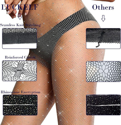 LUCKELF Sexy High Waist Tights Sparkle Rhinestone Fishnets Party Rhinestone Mesh Stockings ( One size )