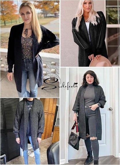 Sidefeel Womens 2025 Fall Winter Long Sleeve Open Front Cardigan Sweaters Oversized Checkered Chunky Knit Sweaters Coat
