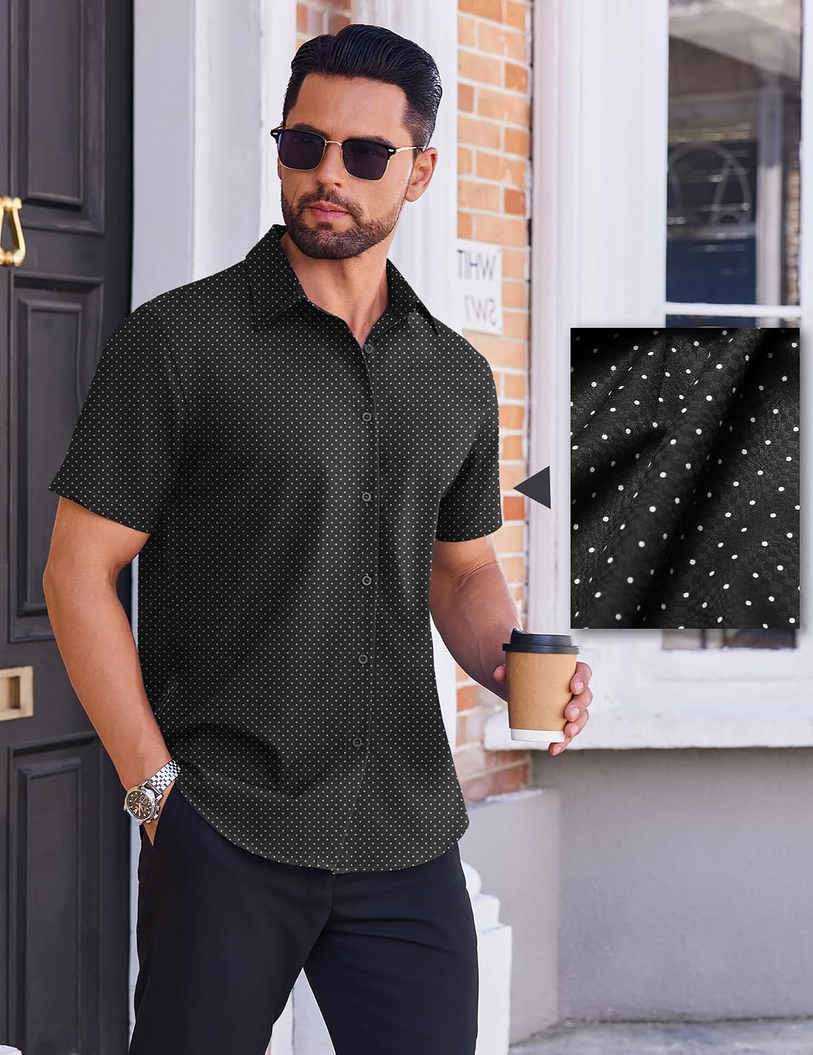 COOFANDY Mens Wrinkle Free Dress Shirt Polka Dot Short Sleeve Button Down Business Casual Shirts.