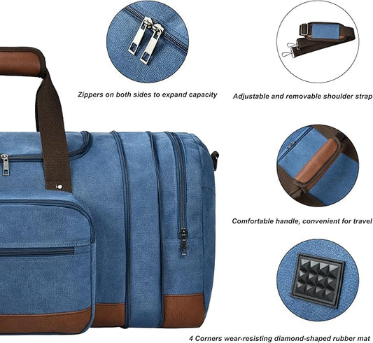 Litvyak Duffle Bag for Travel, 50L Canvas Travel Duffel Bags Overnight Weekend Gym Carry On Luggage Bag for Men & Womenn(Blue)