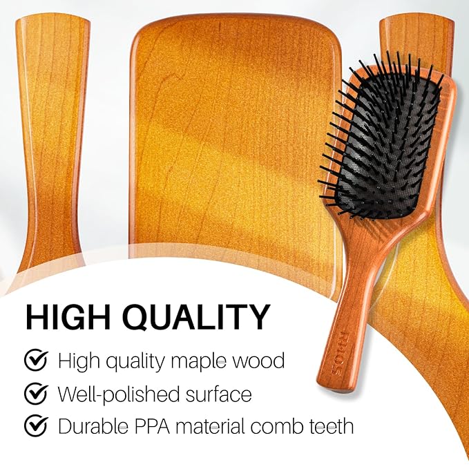 RHOS Wooden Paddle Brush With Nylon Bristles - Cushion Square Design for Detangling and Massaging All Hair Types (Men & Women)