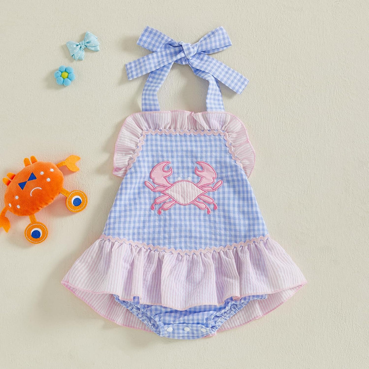 SHUING Baby Girl Crab Outfit Crawfish Embroidery Sleeveless Plaid Romper Dress Halter Ruffle Bodysuit Newborn Summer Clothes.