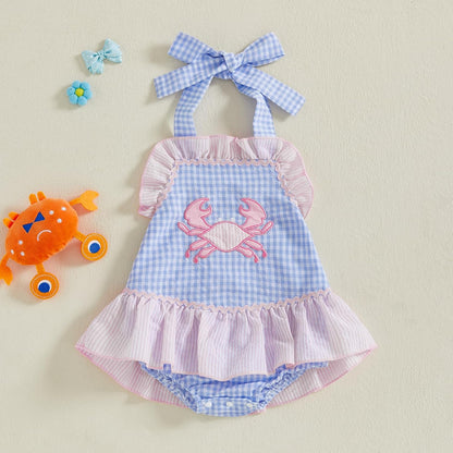 SHUING Baby Girl Crab Outfit Crawfish Embroidery Sleeveless Plaid Romper Dress Halter Ruffle Bodysuit Newborn Summer Clothes.