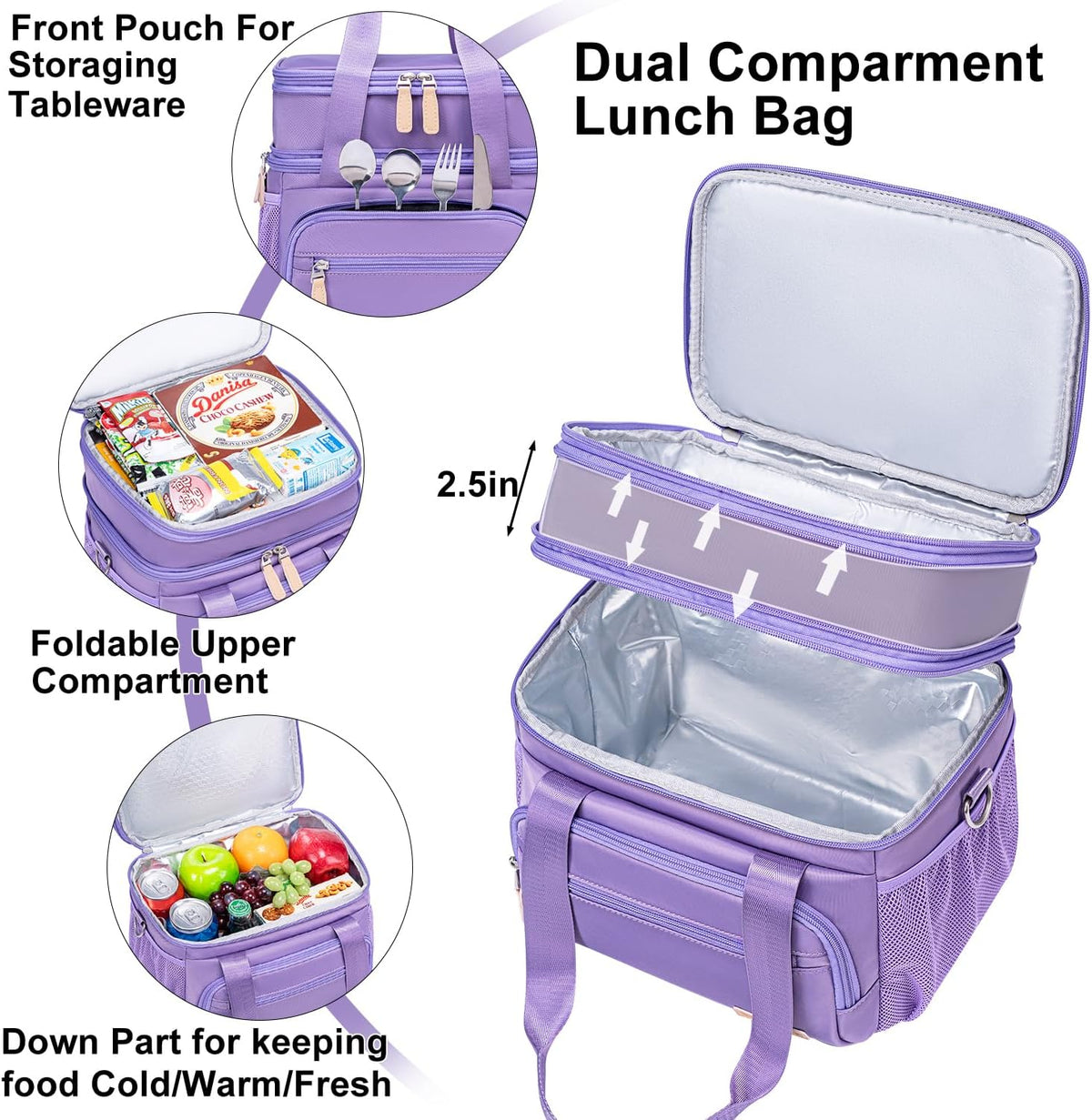 Insulated Lunch Box for Women Men-Dual Compartment Waterproof Reusable Large Lunch Bag Wide-Open Tote Cooler Bag For Working Picnic Hiking (15L) (Purple)