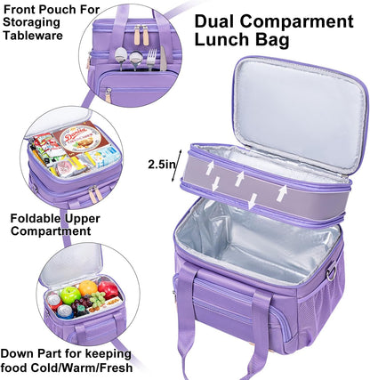 Insulated Lunch Box for Women Men-Dual Compartment Waterproof Reusable Large Lunch Bag Wide-Open Tote Cooler Bag For Working Picnic Hiking (15L) (Purple)