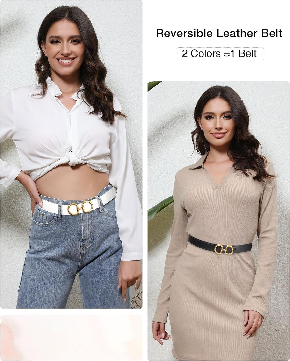 Reversible Belt for Women - Two-in-One Women Fashion Leather Belt for Jeans with Golden Buckle