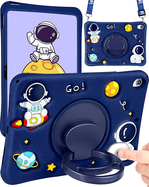 for iPad 10th Generation Case 10.9 Inch Boys Cute Astronaut Cover Kawaii 3D Cartoon Spacemen Cool Funny with Rotating Handle Stand + Strap Soft Silicone Funda for Apple iPad 10th Gen Cases