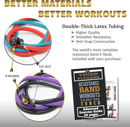 TRIBE Resistance Bands Set Weights for Exercises Bands for Men,Women with Workout Bands, Handles, Door Anchor, Ankle Straps, Carry Bag, Exercise eBook I Resistance Training, Fitness Equipment