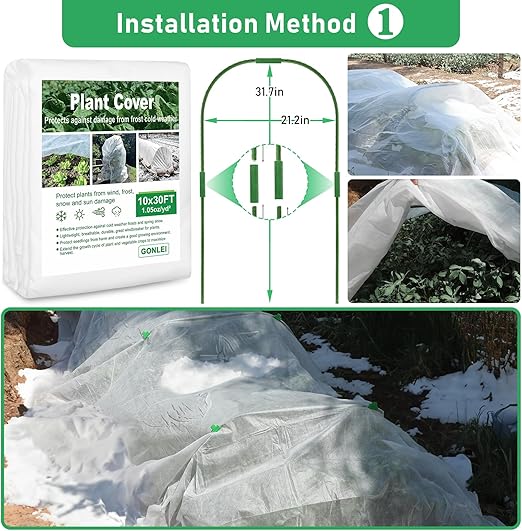 GonLei Plant Covers Freeze Protection Kit 10x30 ft Plant Blanket (6 Pcs Garden Hoops & 18 Clips) Frost Cloths for Outdoor Plants Garden Row Covers 1.05oz/yd² Plant Covers for Winter
