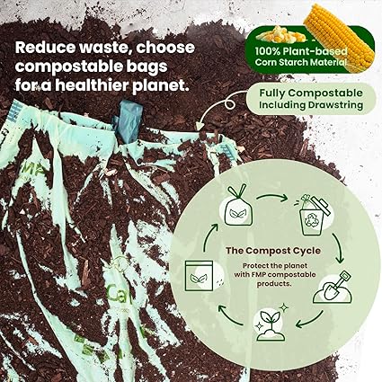 FMP Brands 800 Count 4 Gallon 100 Compostable Trash Bags with Drawstring, Extra Thick 0.8 Mil, Leak-Proof Small Kitchen Garbage Bag, Waste Basket Liners, ASTM D6400, US BPI, OK Compost Certified