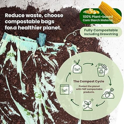 FMP Brands 800 Count 4 Gallon 100 Compostable Trash Bags with Drawstring, Extra Thick 0.8 Mil, Leak-Proof Small Kitchen Garbage Bag, Waste Basket Liners, ASTM D6400, US BPI, OK Compost Certified