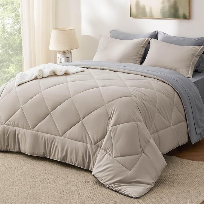 Bedsure King Size Comforter Set - 7 Pieces Reversible Beige Bedding, King Size Bed Set for All Seasons, Bed in a Bag with Down Alternative Comforter, Sheets, Pillowcases  Shams