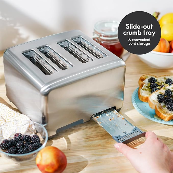 BELLA 4 Slice Toaster with Auto Shut Off - Extra Wide Slots and Removable Drop-Down Crumb Tray with Cancel and Reheat Function - For Texas Toast, Large Bread  Bagel, Stainless Steel
